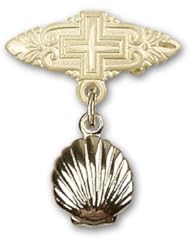 14kt Gold Baby Badge with Shell Charm and Badge Pin with Cross