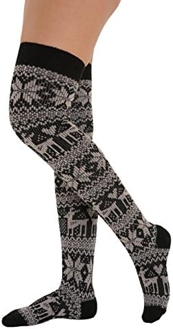 Womens Wool Blend Socks Over the Knee Snowflake Reindeer Print Knit Black White Color:: Black