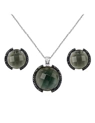 .925 Sterling Silver Rhodium Coated Dark Quartz Progressive Halo Earrings and Pendant-Necklace Set with 1.6mm Cable Rolo Chain - 16"+2" Inches Extension