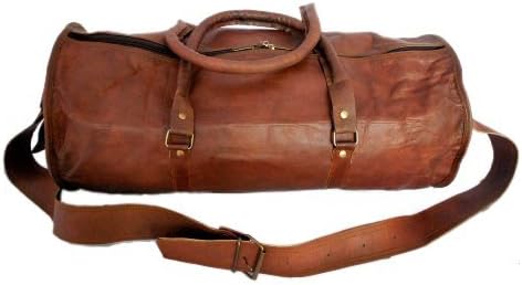 Chanasya 20-Inch Genuine Leather Round Travel Duffel Bag -Brown with free Chanasya microfiber cloth