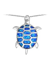Original Star K (tm) Good Luck Turtle Pendant with Oval Created Blue Opal in 925 Sterling Silver