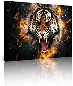 PrettyArt 30X40inch Modern Giclee Canvas Prints Roaring Tiger Face Abstract Wall Art Tiger Head In Fire Wall Decor Animal Pictures Paintings on Canvas Stretched and Framed Ready to Hang for Home Decor