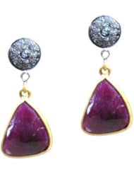 18.50 ctw Natural Red Ruby and 0.55 ctw Diamond Stud Pave Earrings in 18K Yellow Gold and Sterling Silver