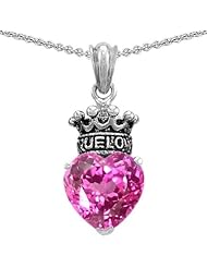 Genuine TRUE LOVE (tm) 925 Sterling Silver Created Pink Sapphire Heart With Crown Pendant