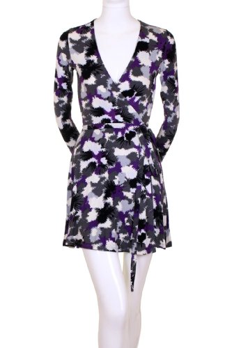 Hourglass Lilly Wrap Tie Long Sleeve Plunging Neckline Paintball Splatter Burst Print Dress White Gray Purple