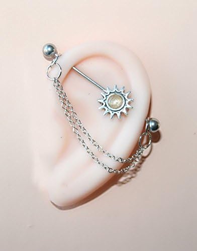 Industrial Barbell, Earring bar with a sun and golden resin center m17 (v)