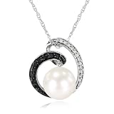 10k White Gold Freshwater Cultured Pearl and Black and White Diamond Pendant Necklace, (0.14 cttw, G-H Color, I3 Clarity), 18