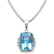 14k White Gold Barrel Cut Blue Topaz and Diamond Pendant with Chain