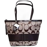 Coach Signature Stripe Shopper Bag Tote Khaki Mahogany - Coach 17433KHA