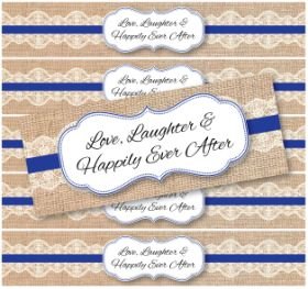 24 Burlap and Lace Water Bottle Stickers | Love, Laughter & Happily Ever After (Royal Blue)