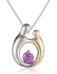 XPY Sterling Silver and 10k Yellow Gold Mother and Child Created Pink Sapphire Circle Pendant Necklace, 18"