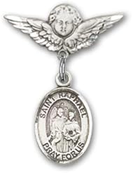 Sterling Silver Baby Badge with St. Raphael the Archangel Charm and Angel with Wings Badge Pin