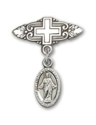 Sterling Silver Baby Badge with Scapular Charm and Badge Pin with Cross