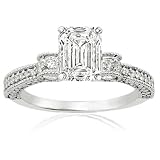 1.45 Ct Emerald Cut Diamond Vintage Milgrain Engagement Ring Pave SI1-F GIA 14K