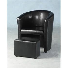 LUXURY FAUX LEATHER TUB CHAIR WITH FOOTSTOOL IN ANTIQUE BLACK BY CENTURION PINE
