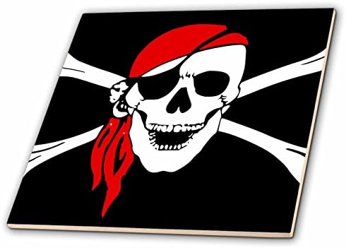 Patricia Sanders Pirate Skull and Cross Bones Art Black Flag Ceramic Tile, 4-Inch
