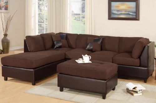 3pcs Sectional Sofa Set with Ottoman in Chocolate Finish