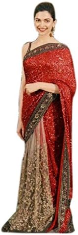 Vinayak Textile Women's Red and Beige colored Georgette Deepika Bollywood Saree