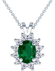 Platinum Oval Cut Emerald And Round Diamond Pendant