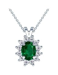 18K White Gold Oval Cut Emerald And Round Diamond Pendant
