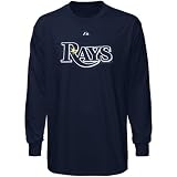 MLB Majestic Tampa Bay Rays Navy Blue Wordmark Long Sleeve T-shirt (Small)