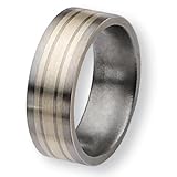 Sterling Silver Inlaid Flat Brushed Titanium Ring (8.0 mm) With Wood Box - Sizes 8.5-12