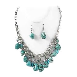 Silver and Turquoise Stone Necklace and Earrings Set Fashion Jewelry