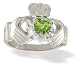 14K White Gold Genuine Heart Peridot and Diamond Celtic Claddagh Ring