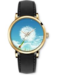 SPRAWL Aanalog Fashion Series Gold Ladies Watches of Genuine Black Leather Strap,Unique Wrist Watch for Women Girls Designed with Dandelion