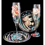Angel Fish Design - Hand Painted - Toasting Flutes - 6 oz. & 7 inch Cake Plates