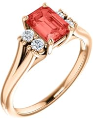 14K Rose Gold 7.00x5.00mm Emerald Cut Chatham Created Padparadscha Sapphire and Diamond Ring -- LIFETIME WARRANTY