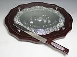 Wood and Silver Plated Oval Challah Board with Glass Protector and Knife