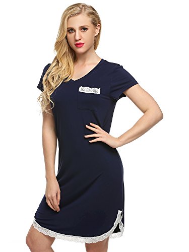 Ekouaer Sleep Shirt Womens Nightshirts Viscose V-Neck Short Sleeve Sleepwear (XS-XL)