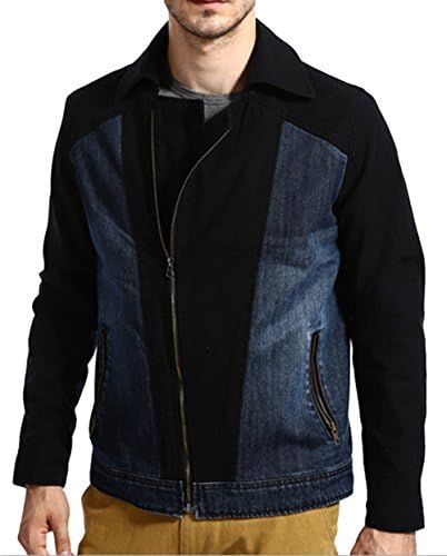 XIUYI Men's Winter Stylish Splice Zip Up Lapel Bomber Denim Jacket XL Blue