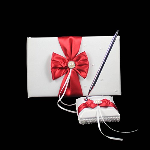 OurWarm 1 Wedding Guest Book + 1 Pen Set, Decor w/ Red Ribbon Bowknot, Rhinestone Pearl, Rustic,Elegant Wedding Ceremony, Party Love Favor,Anniversary Guestbook