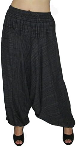 Aladdin Hippy Harem Pants Adjustable Elastic Waist 100 % Stripe Cotton. (Black)