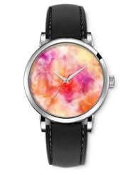 SPRAWL Aanalog Fashion Series Silver Ladies Watches of Genuine Black Leather Strap,Unique Wrist Watch for Women Girls Designed with Fresh tulips on background