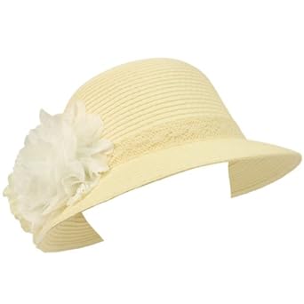 Upf 50+ Ladies Summer 2 Flowers Lace Cloche Bell Bucket Sun Hat Cap 57cm Ivory