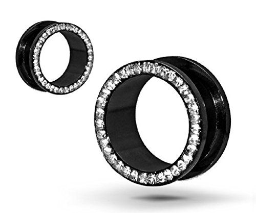 Black Anodized Titanium Over Surgical Steel Screw-on Plugs/gauges with Clear Diamond Cz Stones 2 Pieces