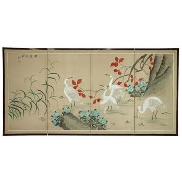 Oriental Furniture Huge Large Asian Wall Art, 6-Feet Geese in Water Japanese Style Sumi-e Oriental Folding Screen Painting, 36 by 72-Inch
