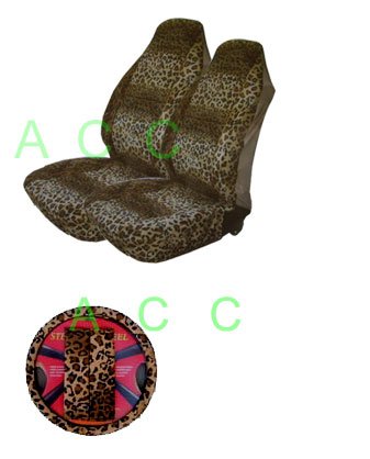 5 Piece Safari Animal Print Auto Interior Gift Set - 2 Leopard Front Bucket Seat Covers, 1 Leopard Steering Wheel Cover, and 2 Leopard Shoulder Harness Pressure Relief Cover