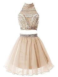 High-Neck Crystals Crystal Belted Beaded Short Satin/Tulle Homecoming Dress/Party Dress 