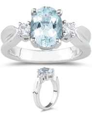 0.20 Cts Diamond & 1.70 Cts Aquamarine Three Stone Ring in 18K White Gold