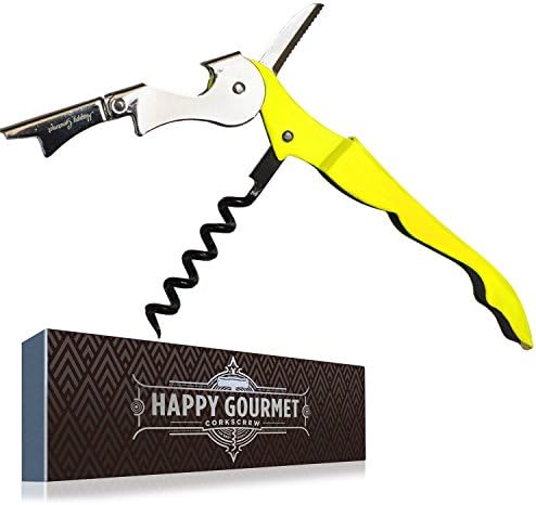 Waiters Corkscrew by Happy Gourmet Kitchenware - All-in-one Corkscrew, Wine Opener, Bottle Opener and Foil Cutter (Yellow)