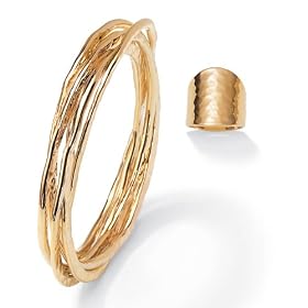18k Gold over Sterling Silver Hammered-Style Ring with FREE Hammered-Style "Five-in-One" Rolling Bangle: Jewelry