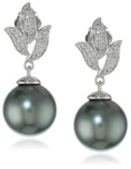 10k White Gold Black Tahitian Cultured Pearl with Diamond Accent Earrings (1/10 cttw, H-I Clarity, I2-I3 Clarity)