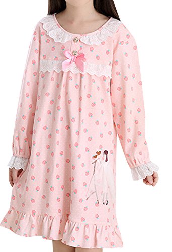 TRENDY XU Girl Strawberry Print Long Sleeve Nightgown Pajamas Set Dress