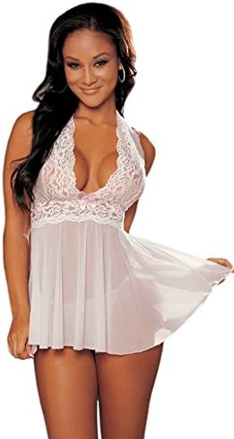 Cuzbingo Women's Lace Halter V Collar Teddy Sexy Hot Lingerie With Thong White