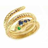 Fabulous Solid Yellow Gold Natural Sapphire & Emerald Detailed Snake Ring - Finger Sizes 5 to 12 Available
