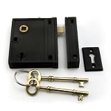 Vertical Iron Rim Lock Set with White Porcelain Knobs - Black Powdercoat